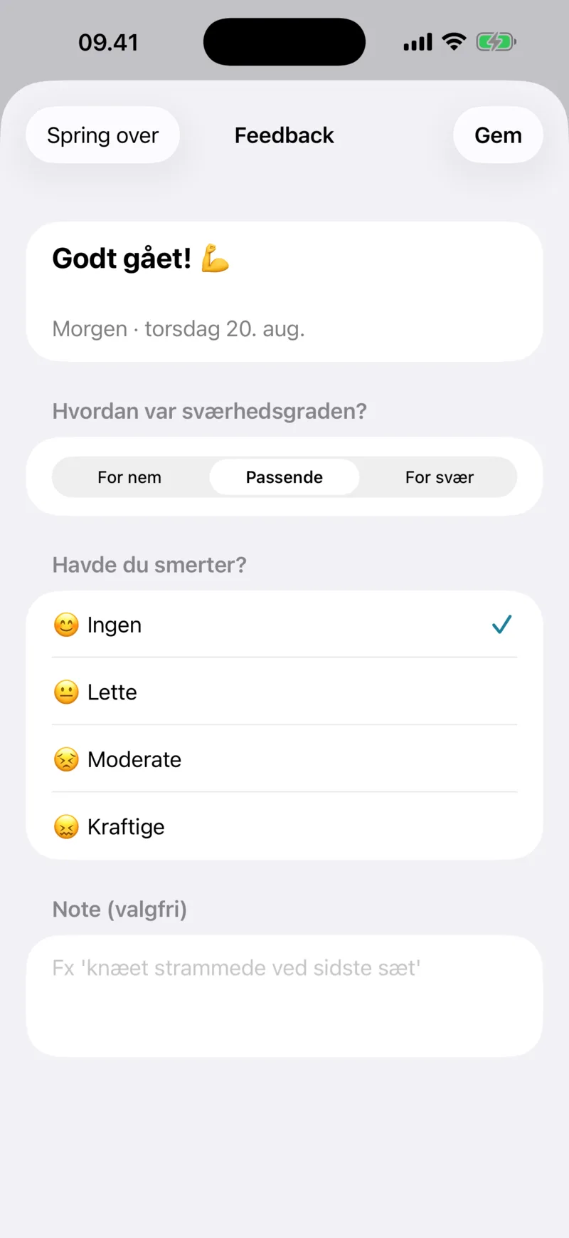 Feedback-skærmen med valg af sværhedsgrad og smerter