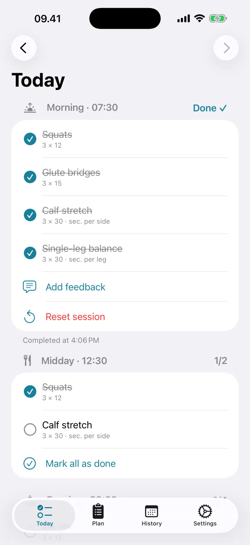 FysiCal's Today screen with today's sessions and ticked-off exercises