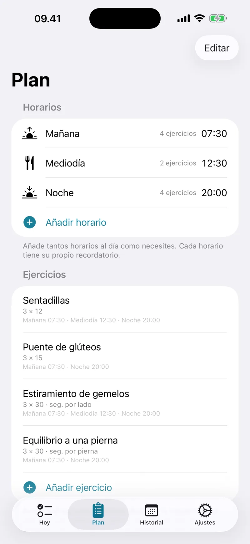 Pantalla Pauta con horarios y ejercicios