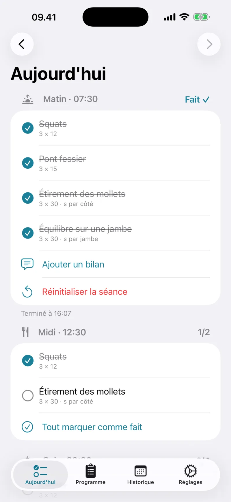 L'écran Aujourd'hui de FysiCal avec les séances du jour et les exercices cochés