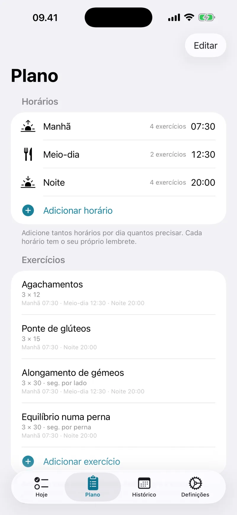 Ecrã Plano com horários e exercícios